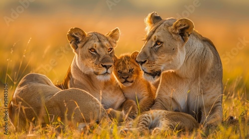  A pair of lions seated side by side atop a green field Nearby, a small lion rests