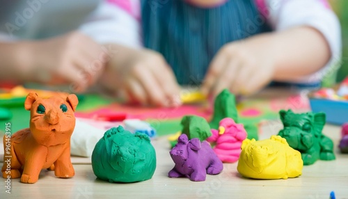  Colorful plasticine animals on front, blurred kids making small animal sculptures are on background