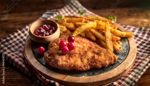 schnitzel, pommes, frites, wirtshaus, neu, münchen, essen, oktoberfest, wiesn, close up, preiselbeeren, dip, sauce, bier, kariert, tuch, holz, hölzern, gastronomie, fleisch, teller, mahl, ad, 3d, foto photo