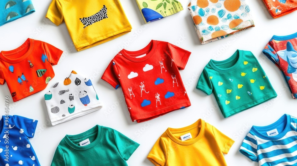 Top view of colorful children's t-shirts and shorts arranged neatly on a white background, featuring vibrant patterns and designs. Top view of colorful children's t-shirts and shorts arranged neatly on a white background, featuring vibrant patterns and designs.