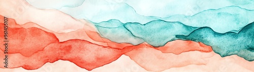 Beautiful abstract watercolor artwork featuring soft layers of blue, red, and peach. Perfect for modern design and decor.