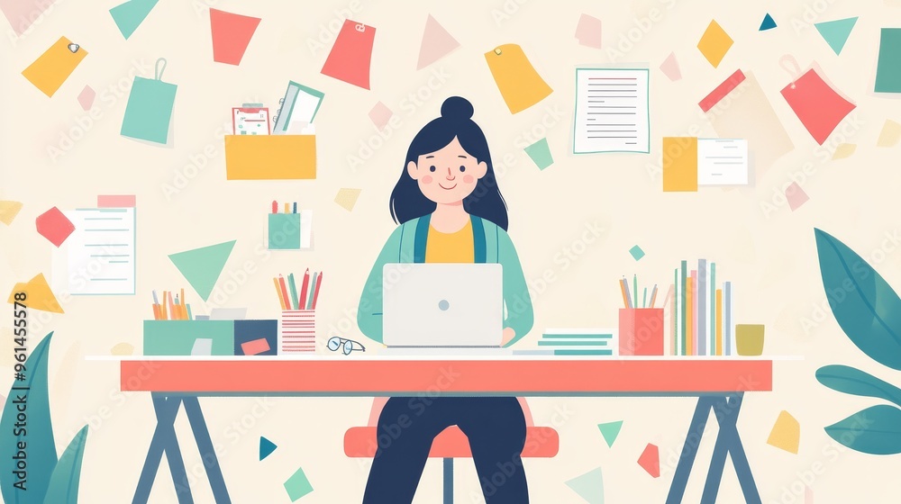 A cartoon illustration of a smiling administrative assistant working at ...