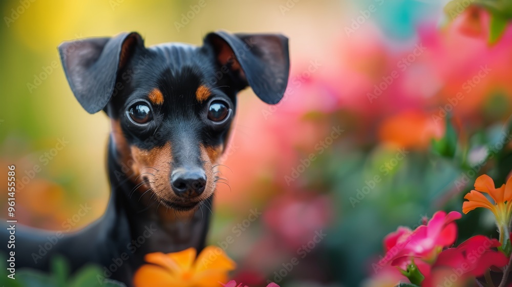 A tight shot of a small dog amidst a field of pink and orange blooms, background softly blurred A tight shot of a small dog amidst a field of pink and orange blooms, background softly blurred
