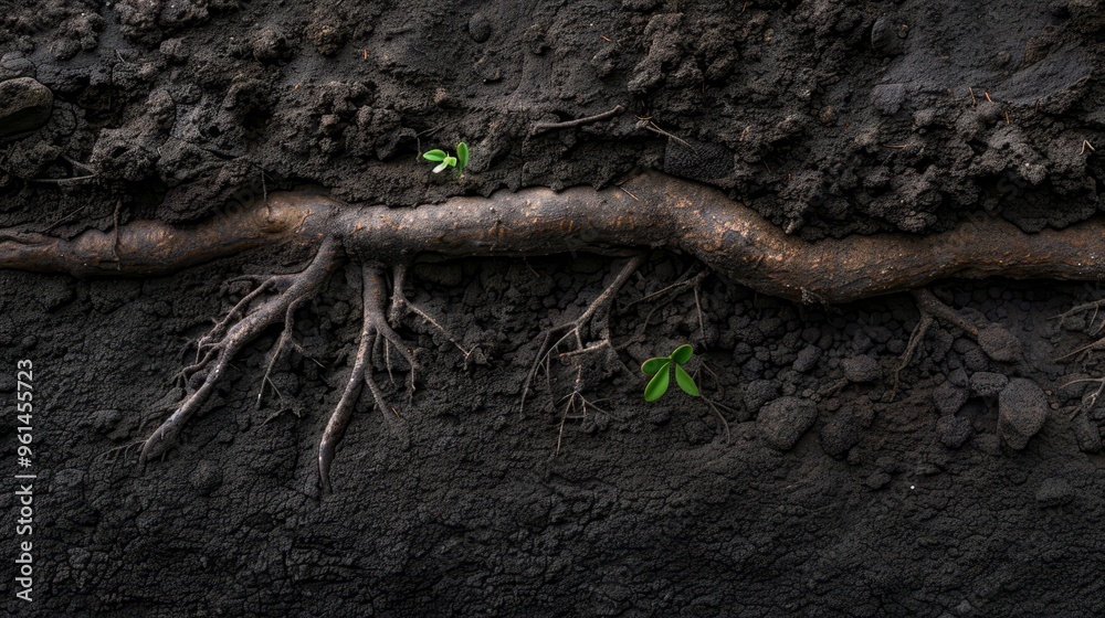 A tight shot of a tree root, green shoots emerging from it among earthy dirt A tight shot of a tree root, green shoots emerging from it among earthy dirt