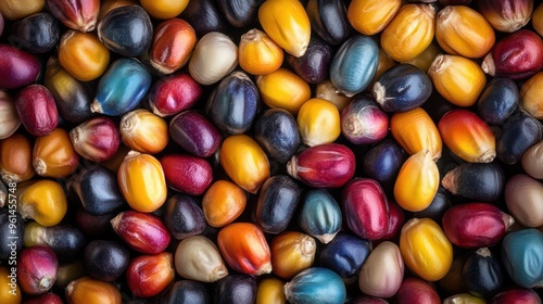 A detailed close-up of vibrant, multicolored corn kernels. photo