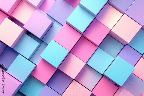 Colorful geometric background with squares in pastel blue, pink, and purple colors. 