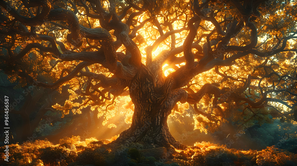 Golden Sun Through Twisted Branches - Forest Illustration Golden Sun Through Twisted Branches - Forest Illustration