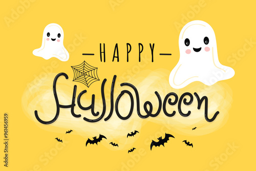 Hand drawn lettering happy Halloween on yellow background, spooky Halloween flat illustration background photo