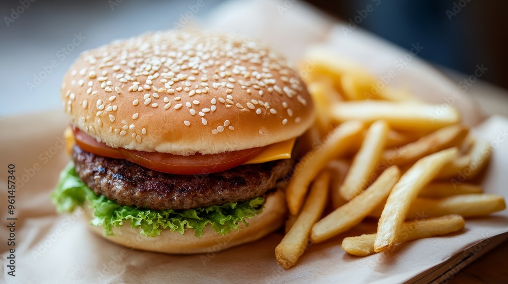 A classic American cheeseburger with a juicy beef patty, melted cheese, tomato, lettuce, and a sesame seed bun. Served with a side of golden brown, crispy French fries. A classic American cheeseburger with a juicy beef patty, melted cheese, tomato, lettuce, and a sesame seed bun. Served with a side of golden brown, crispy French fries.