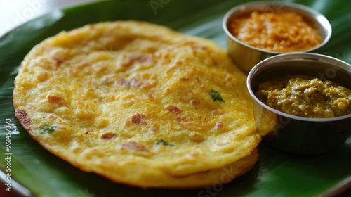 Adai served with avial and chutney, a traditional South Indian breakfast. Copy space available. photo