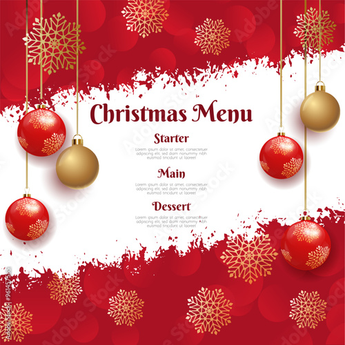 Decorative Christmas menu with hanging baubles and snowflakes 