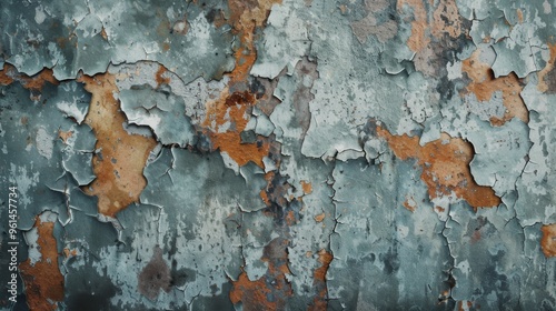 detailed abstract of peeling paint on an old surface, revealing layers of rust, weathering, and patina. The intricate cracks and textures create an artistic representation of decay