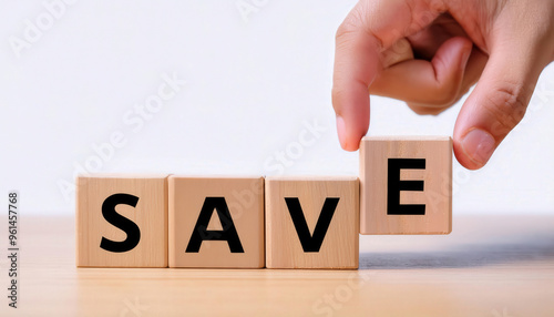 A hand is holding up a stack of wooden blocks with the word save written on them