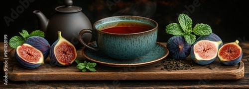 A warm cup of fig tea paired with fresh figs and mint on a wooden tray creates a cozy atmosphere photo