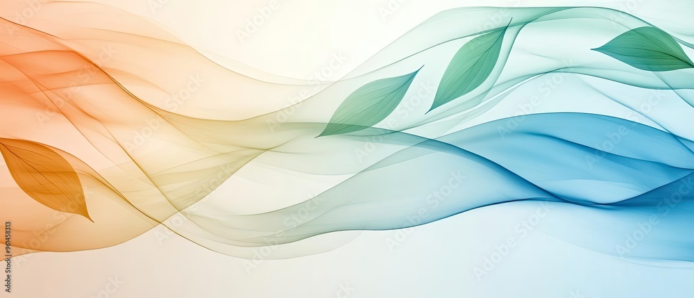 Elegant abstract design with flowing waves and leaves in vibrant orange, green, and blue hues, perfect for nature-themed projects.