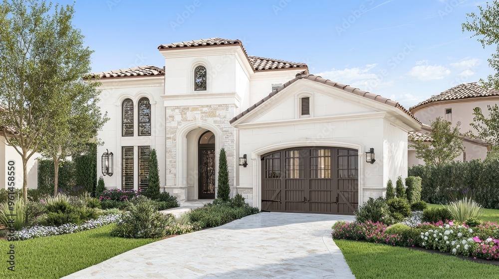 Modern Mediterranean Style Home with Stone Facade and Lush Landscaping Modern Mediterranean Style Home with Stone Facade and Lush Landscaping