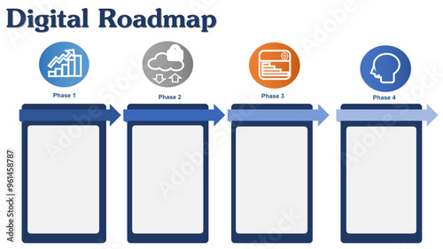 Blue style professional slide Digital transformation roadmap, Business plan, phasing step presentation slide template design to put text inside as phase and activates with flow of task