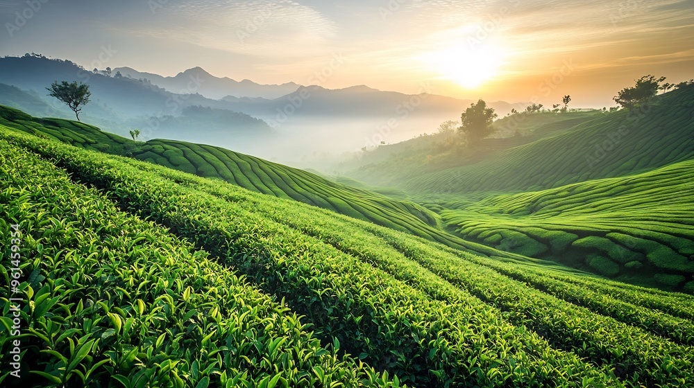 Fototapeta premium Sunrise Over Rolling Green Tea Plantation