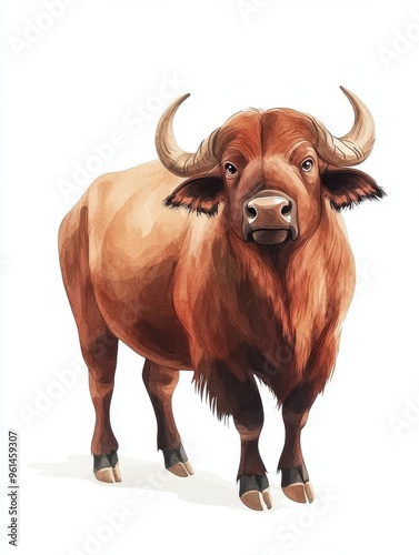 A realistic illustration of a standing buffalo, showcasing its strong physique and distinctive horns in a vibrant style.