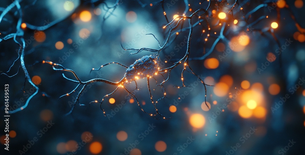 A close-up of glowing neurons in the brain. A close-up of glowing neurons in the brain.