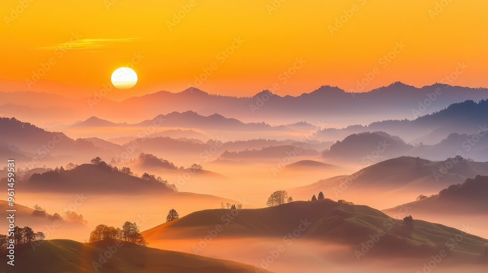 Sunrise Over Misty Mountain Valley Landscape Sunrise Over Misty Mountain Valley Landscape