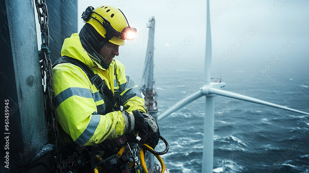 A wind farm technician working on a turbine during a storm, showcasing safety gear and dedication to renewable energy. A wind farm technician working on a turbine during a storm, showcasing safety gear and dedication to renewable energy.
