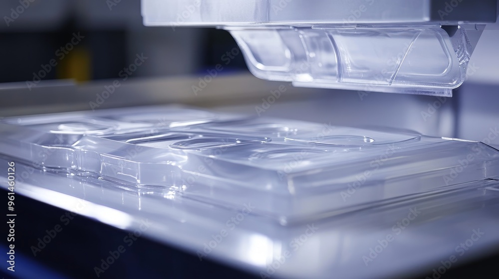 A close-up of a thermoforming process, showing a plastic sheet being heated and molded into a desired shape. The image symbolizes innovation, manufacturing, technology, and industrial design. A close-up of a thermoforming process, showing a plastic sheet being heated and molded into a desired shape. The image symbolizes innovation, manufacturing, technology, and industrial design.