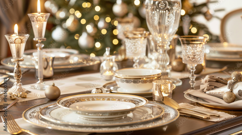 Elegant Holiday Dinner Table Setting with Fine China and Crystal Glassware in Festive Atmosphere Elegant Holiday Dinner Table Setting with Fine China and Crystal Glassware in Festive Atmosphere