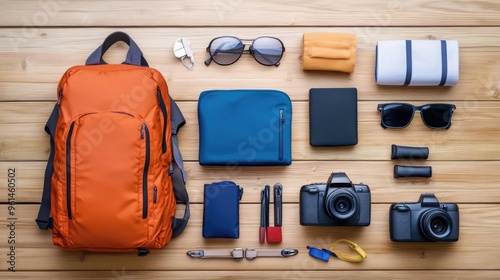Flat lay of essential travel items including backpack, cameras, sunglasses, and accessories on a wooden surface.