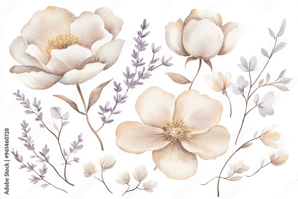 An oil painting of tulips, peonies, roses, marigold flowers and leaves. Natural elements isolated on white. An oil painting of tulips, peonies, roses, marigold flowers and leaves. Natural elements isolated on white.