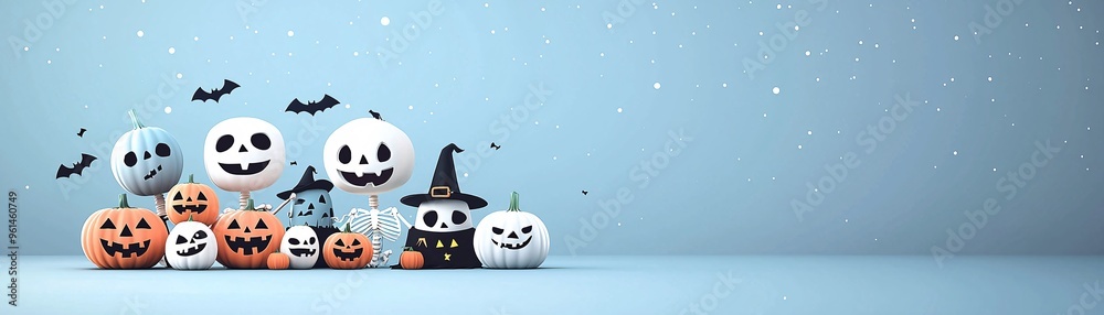 Fototapeta premium A group of playful Halloween monsters, including a happy skeleton and a cheerful vampire, enjoying a night under the stars, with ample copy space for messaging.