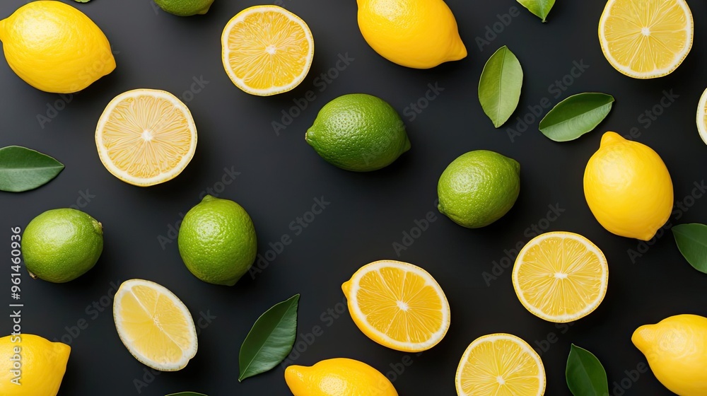 Fresh lemons and limes arranged creatively on a dark background, showcasing vibrant colors and textures for culinary purposes. Fresh lemons and limes arranged creatively on a dark background, showcasing vibrant colors and textures for culinary purposes.