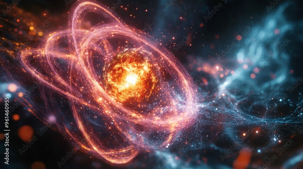 Fusion and fission processes within the atomic nucleus, visualizing energy release and particle interactions Fusion and fission processes within the atomic nucleus, visualizing energy release and particle interactions