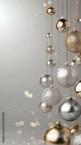 Elegant Hanging Christmas Ornaments in Gold and Silver with Sparkling Bokeh Background