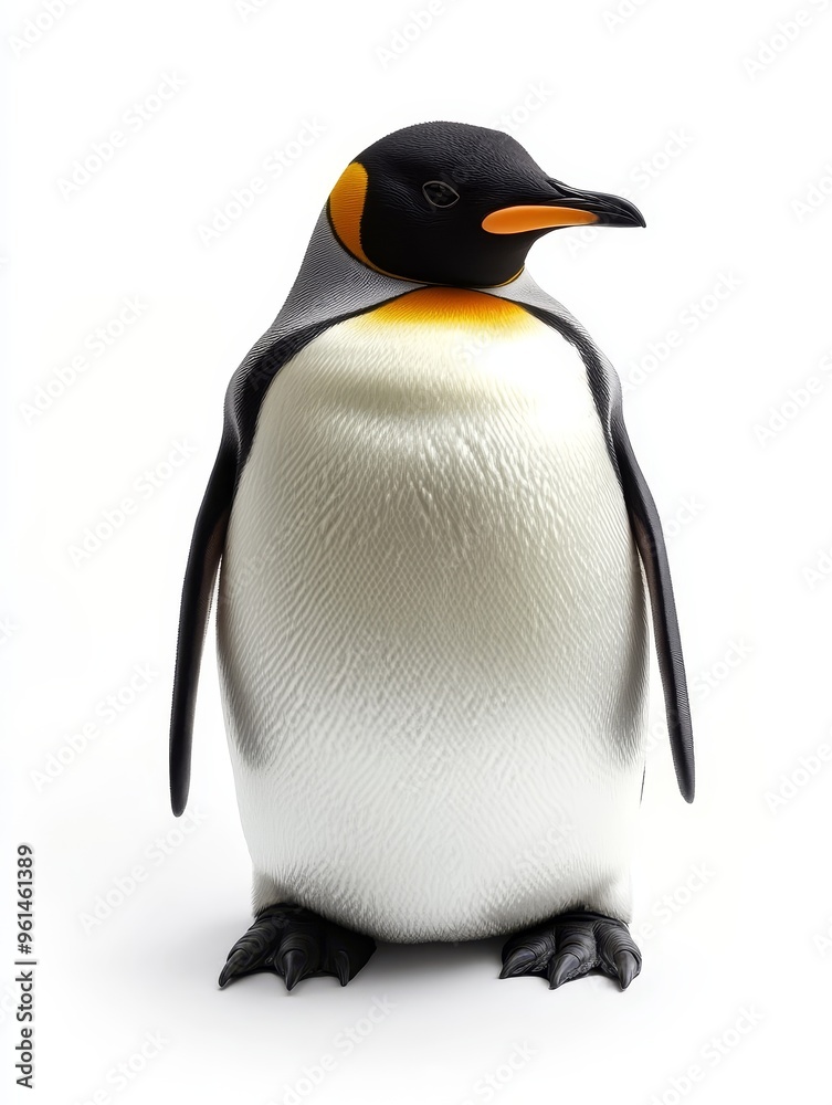 Fototapeta premium A close-up portrait of a penguin, standing on a white background. The penguin is looking to the right, and its body is perfectly centered. This image could symbolize the Linux operating system, with t