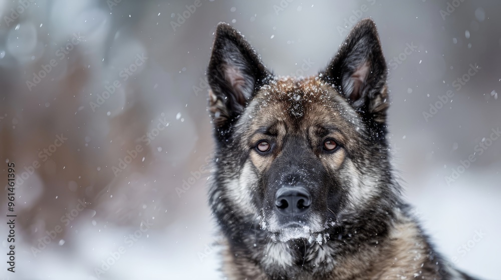 A dog up-close, its face speckled with snow, background of trees and ...