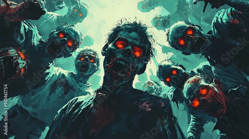 An unsettling, grotesque close-up illustration of zombies with glowing red eyes, capturing a sense of horror and imminent danger in a chaotic, dark setting. photo