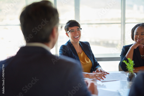 Φωτογραφία Office, discussion and people with paperwork in meeting for business proposal, b2b merger and info