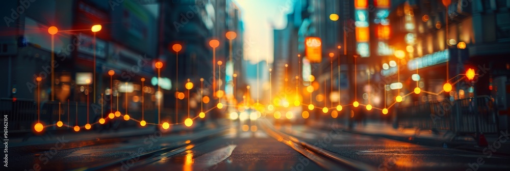Blurred City Street with Glowing Orange Line Graph - Concept of Urban Business Growth and Success Blurred City Street with Glowing Orange Line Graph - Concept of Urban Business Growth and Success