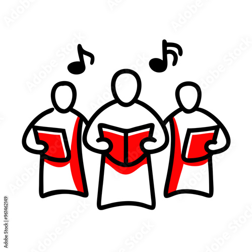 Christmas Choir Icon, Three People in Black and Red Holding Music Scores and Songbooks with Notes Above