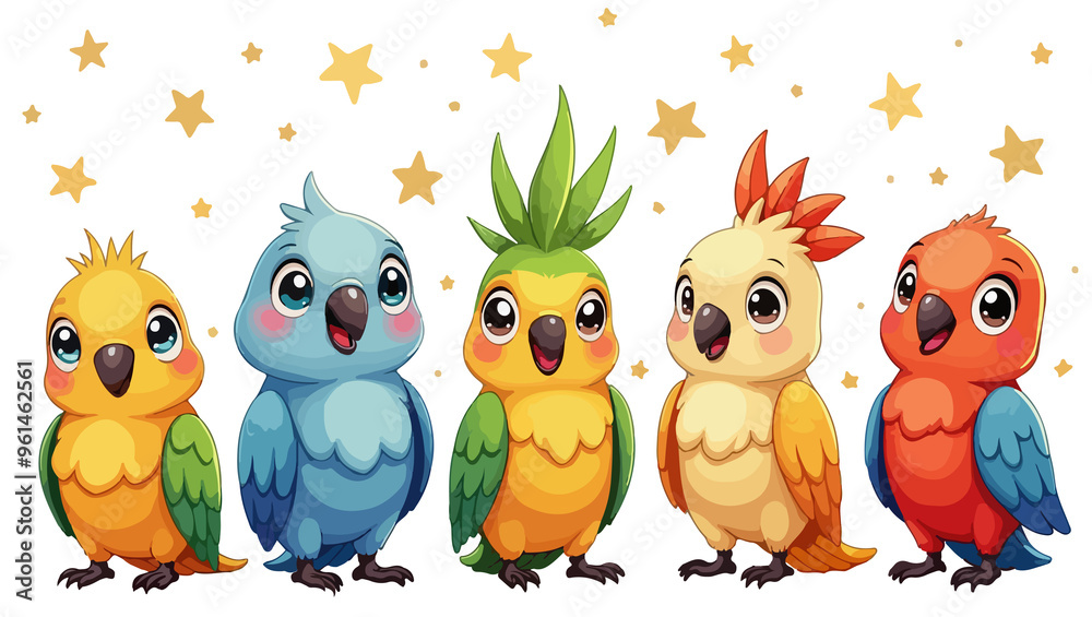 set of cartoon parrot , isolated on white background , transparent vector style flat color png image set of cartoon parrot , isolated on white background , transparent vector style flat color png image