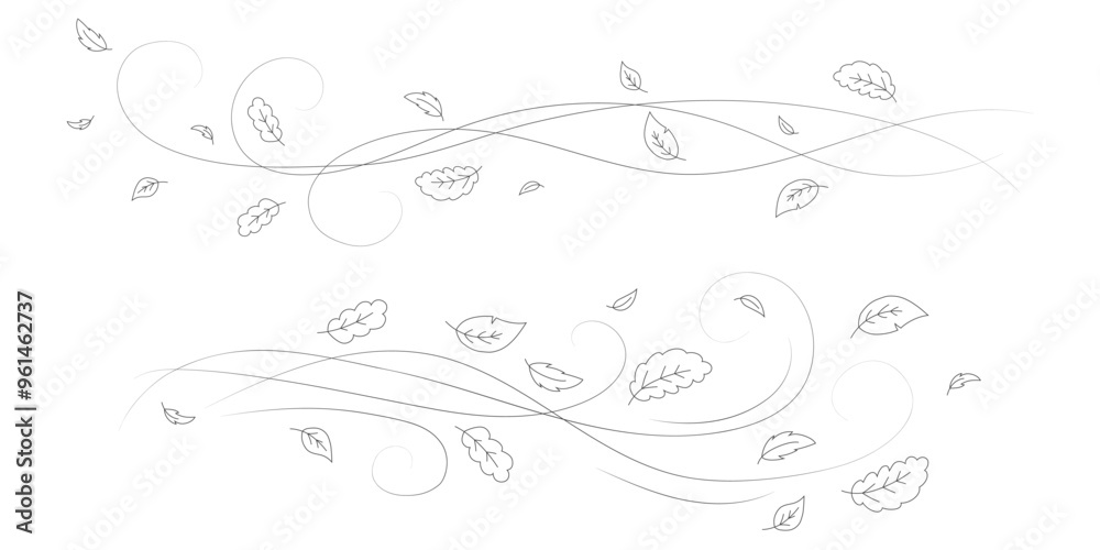 Doodle autumn leaves flying in the wind. Falling season outline backdrop, air flow leaves wave linear pattern or wind blowing doodle vector print. Autumn windy weather hand drawn monochrome background Doodle autumn leaves flying in the wind. Falling season outline backdrop, air flow leaves wave linear pattern or wind blowing doodle vector print. Autumn windy weather hand drawn monochrome background