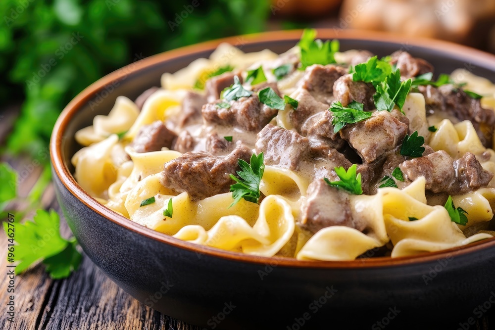 A creamy beef stroganoff served over egg noodles, garnished with fresh parsley A creamy beef stroganoff served over egg noodles, garnished with fresh parsley