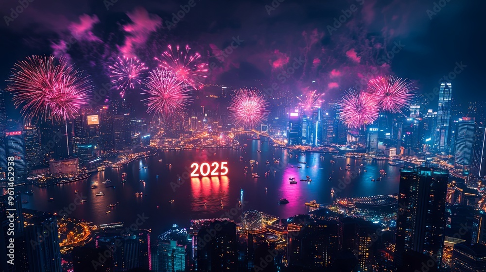 Fototapeta premium 2025 New Year Fireworks Celebration in City Skyline