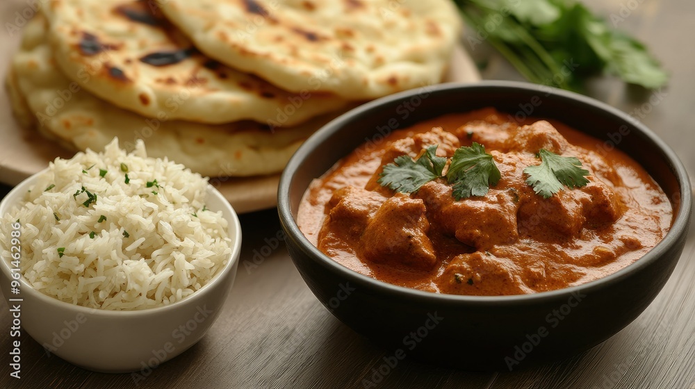 Butter Chicken with a side of jeera rice and naan. Copy space available. Butter Chicken with a side of jeera rice and naan. Copy space available.