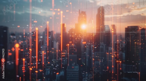 Wallpaper Mural futuristic cityscape at sunset with digital data overlays, representing technology, communication, and the future of urban development in a glowing and high-tech setting Torontodigital.ca