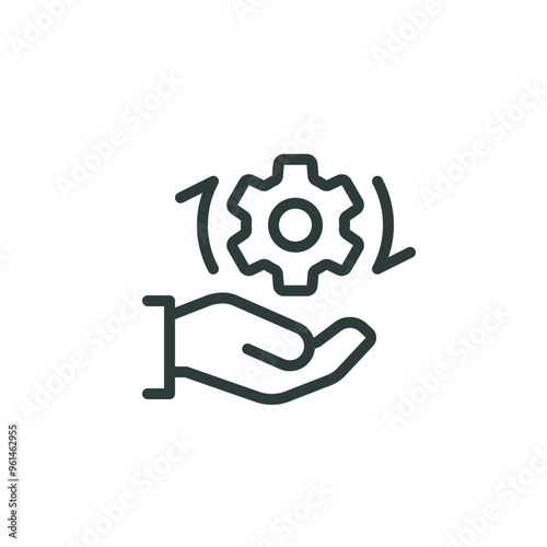 Outline icon easy operation process, maintenance customize, engineering. Line sign human hand holding a gear, cogwheel. Vector isolated pictogram for web on white background editable stroke.