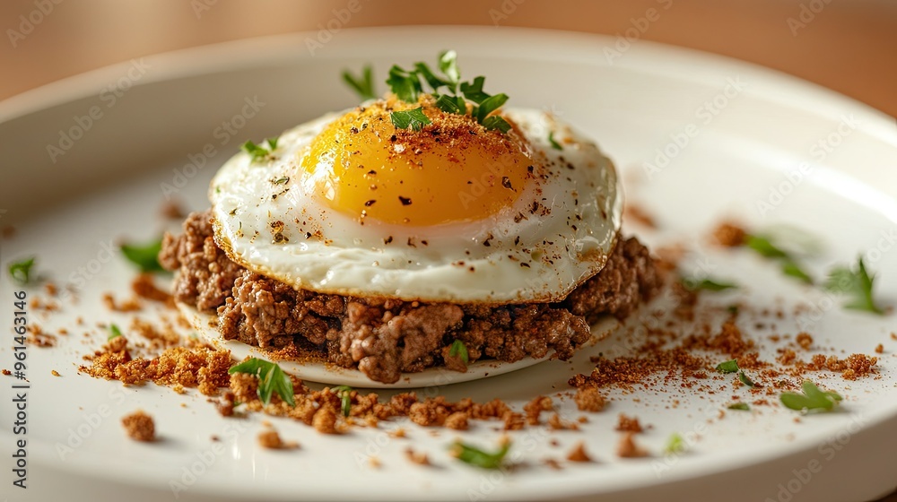 A delicious beef mince meal topped with a fried egg, with falling spices and crumbs adding texture and flavor, all presented on a pristine white plate. A delicious beef mince meal topped with a fried egg, with falling spices and crumbs adding texture and flavor, all presented on a pristine white plate.