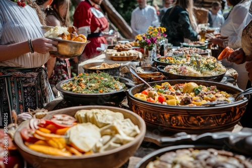 traditional food and drinks being served at a European festival. Highlight the variety of dishes and beverages, decorated tables, people enjoying the feast to capture the culinary aspect of the event 