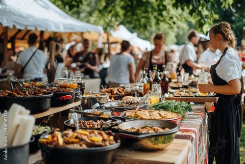 Fototapeta Naklejka Na Ścianę i Meble -  traditional food and drinks being served at a European festival. Highlight the variety of dishes and beverages, decorated tables, people enjoying the feast to capture the culinary aspect of the event 